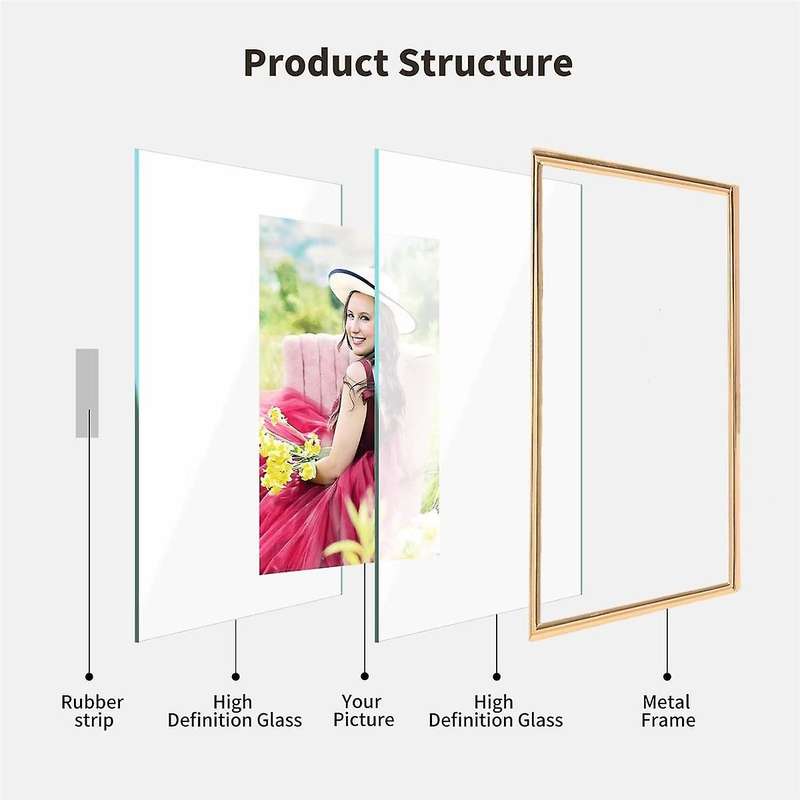 Metal Picture Frame 8x10, for Multiple Photo Sizes (6x8, 5x7,8x10), Real Glass, Tabletop Floating Pi