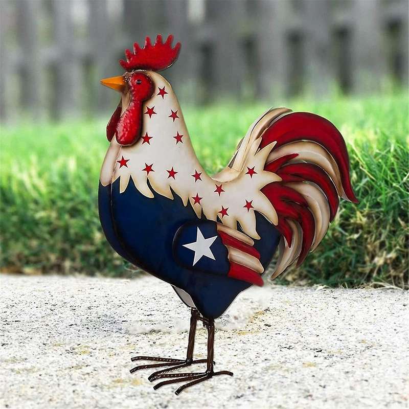Metal Patriotic Rooster Porch Decor, Chicken Figurine Sculpture, for the Fourth of July USA Independ