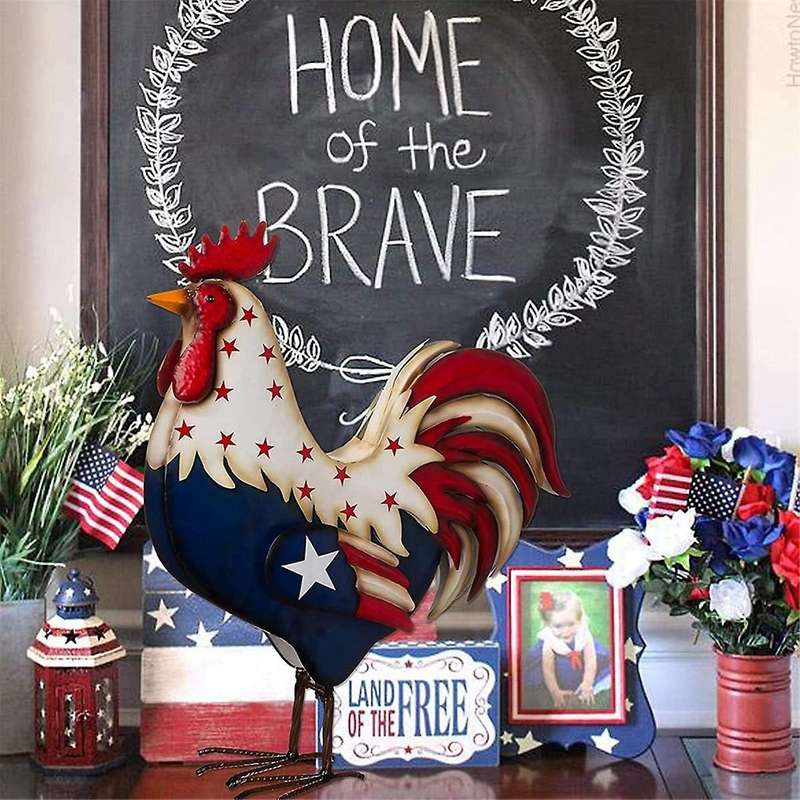 Metal Patriotic Rooster Porch Decor, Chicken Figurine Sculpture, for the Fourth of July USA Independ