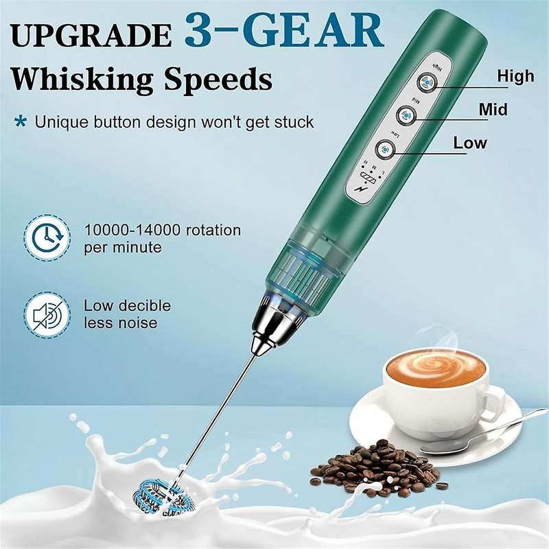 Milk Frother Handheld for Coffee, Electric Whisk, Drink Mixer with Stainless 3 Whisks, Rechargeable