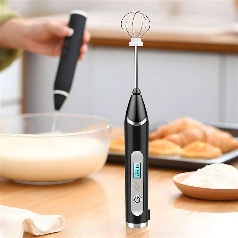 Milk Frother, USB Rechargeable LCD Hand Mixer with 3 Stainless Steel Whisk, 3 Speeds Handheld Frothe
