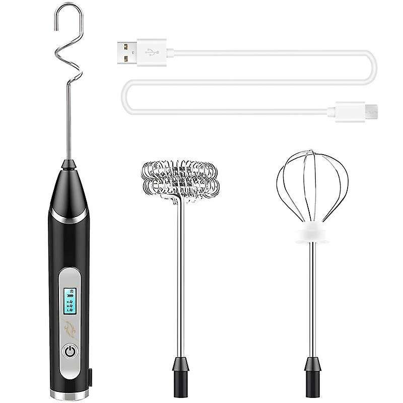 Milk Frother, USB Rechargeable LCD Hand Mixer with 3 Stainless Steel Whisk, 3 Speeds Handheld Frothe