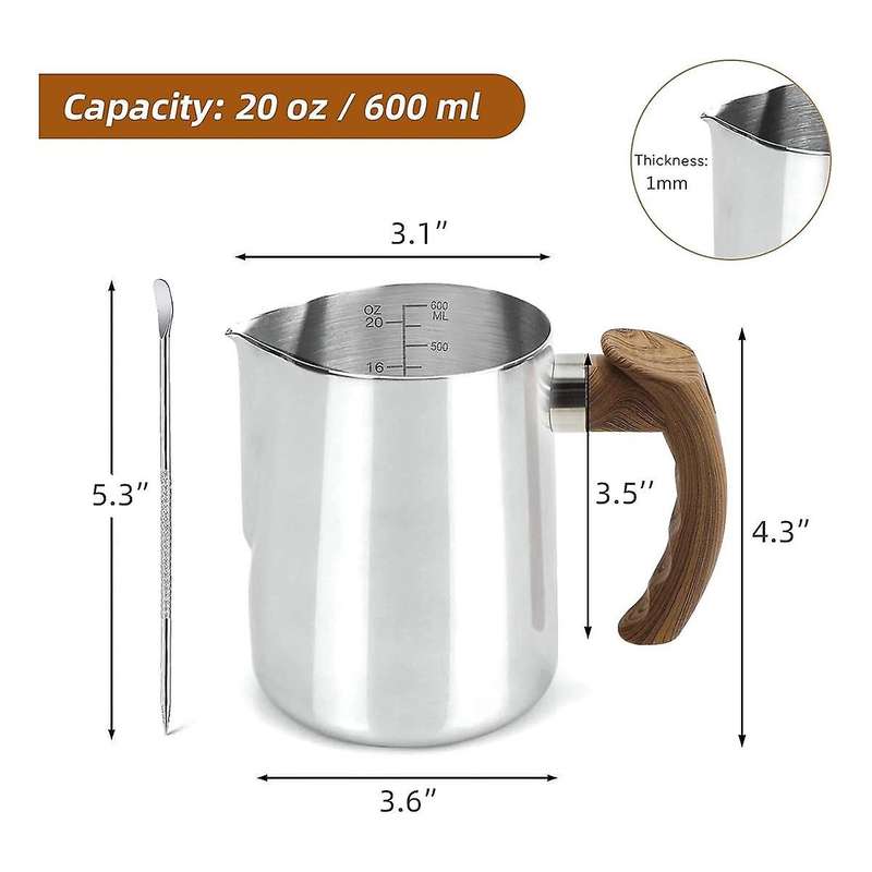 Milk Frothing Pitcher 20 Oz (600ml),espresso Steaming Pitchers with Anti-scald Handle, Milk Frother