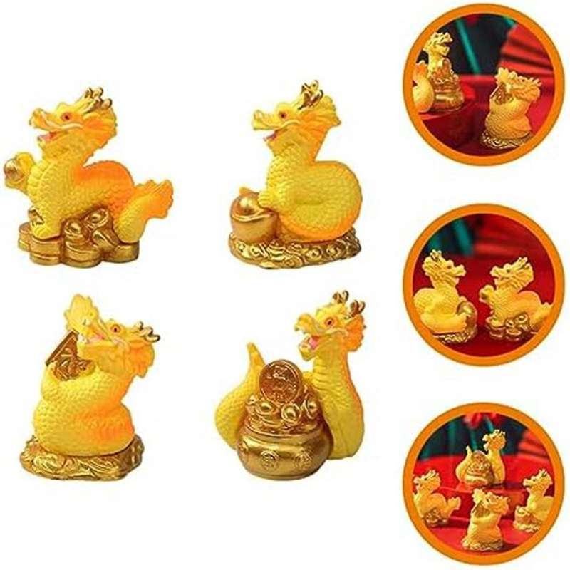 Mini Chinese New Year Dragon Figurine, 4Pcs Miniature Dragon Statue 2024 Resin Golden Chinese Zodiac