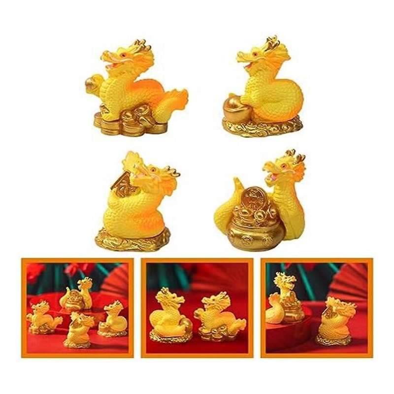 Mini Chinese New Year Dragon Figurine, 4Pcs Miniature Dragon Statue 2024 Resin Golden Chinese Zodiac