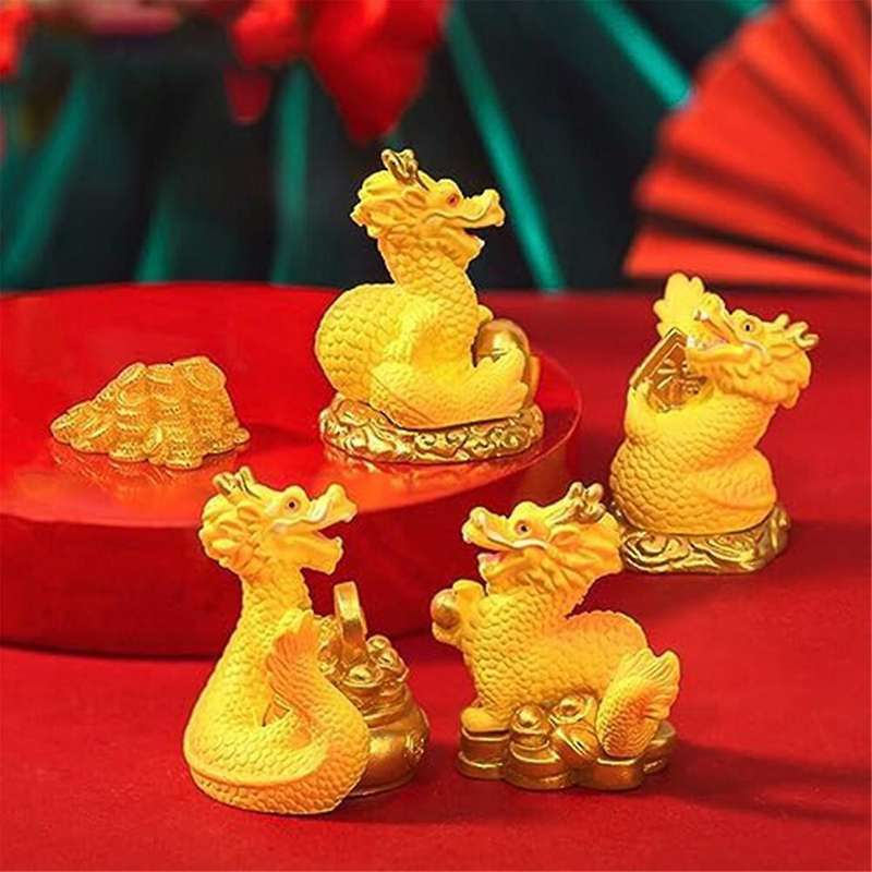 Mini Chinese New Year Dragon Figurine, 4Pcs Miniature Dragon Statue 2024 Resin Golden Chinese Zodiac
