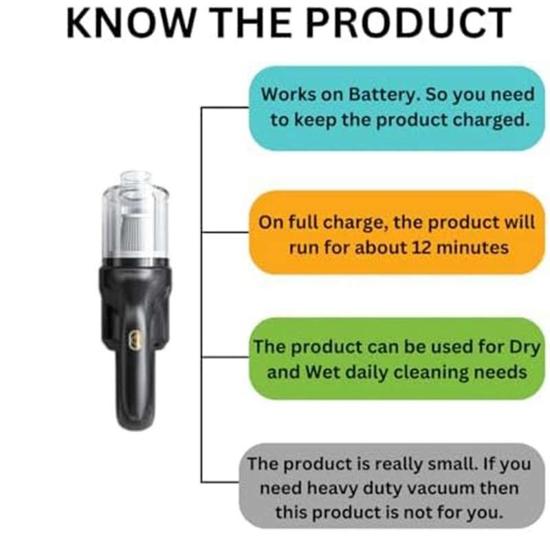 Mini Car Handheld Portable Vacuum Cleaner, Cordless Rechargeable Vacuum Cleaner Cleans Hair, Dirt, C