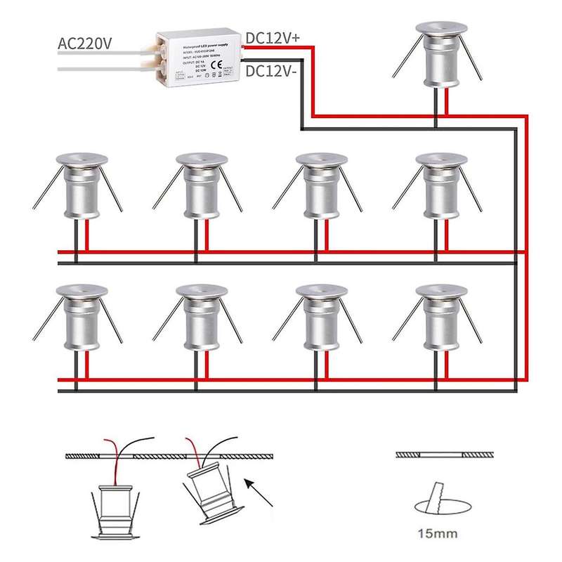 Mini Downlight DC12V 1W 3000K 9 Pack Silver Shell, Used for Indoor Wardrobe Lighting, Cabinet Lighti
