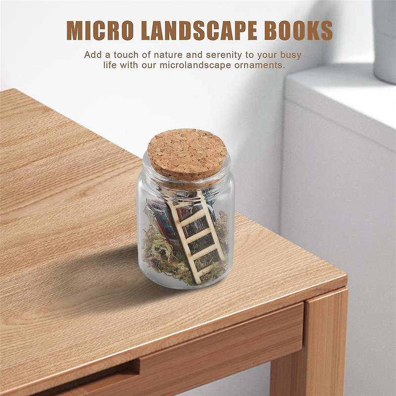 Mini Library Microlandscape Miniature Book Ladder Ornaments in Clear Container Decorative Model Stat