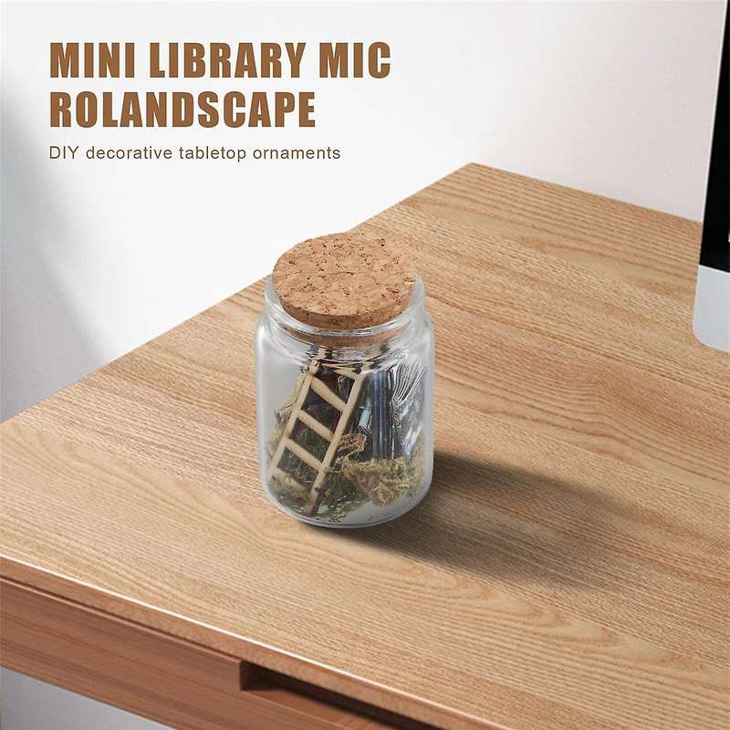 Mini Library Microlandscape Miniature Book Ladder Ornaments in Clear Container Decorative Model Stat