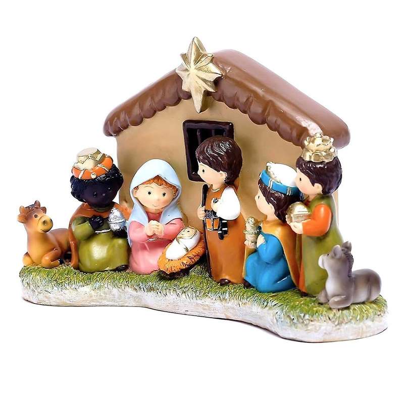 Mini Nativity Set, Indoor Nativity Scene with Led Light Include 1 Manger Creche and 8 Figures Statue