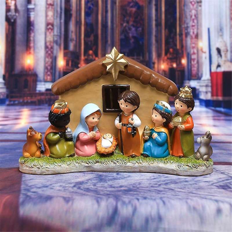 Mini Nativity Set, Indoor Nativity Scene with Led Light Include 1 Manger Creche and 8 Figures Statue
