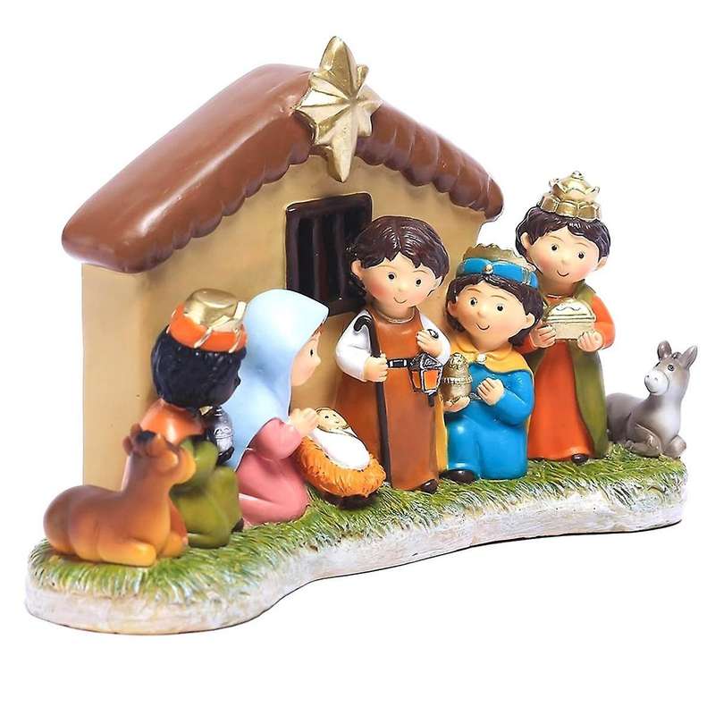 Mini Nativity Set, Indoor Nativity Scene with Led Light Include 1 Manger Creche and 8 Figures Statue