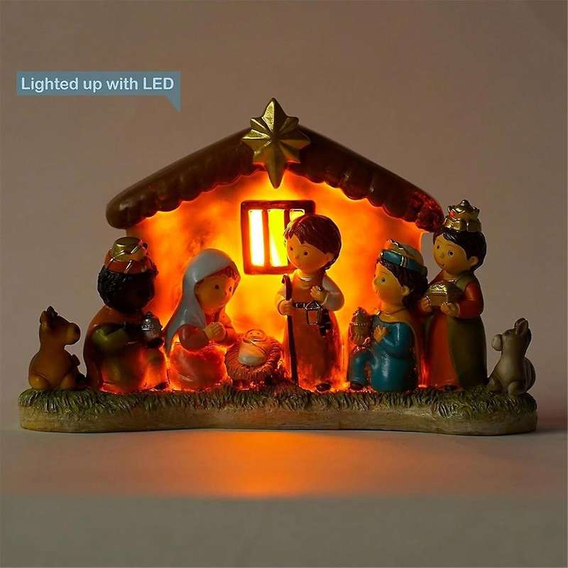 Mini Nativity Set, Indoor Nativity Scene with Led Light Include 1 Manger Creche and 8 Figures Statue