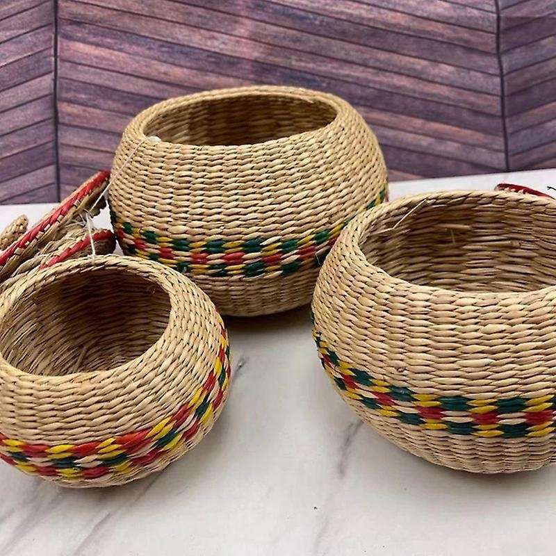 Mini Straw Hand Woven Storage Baskets with Lids Round Seagrass Box Desktop Storage Basket Desktop-Mu