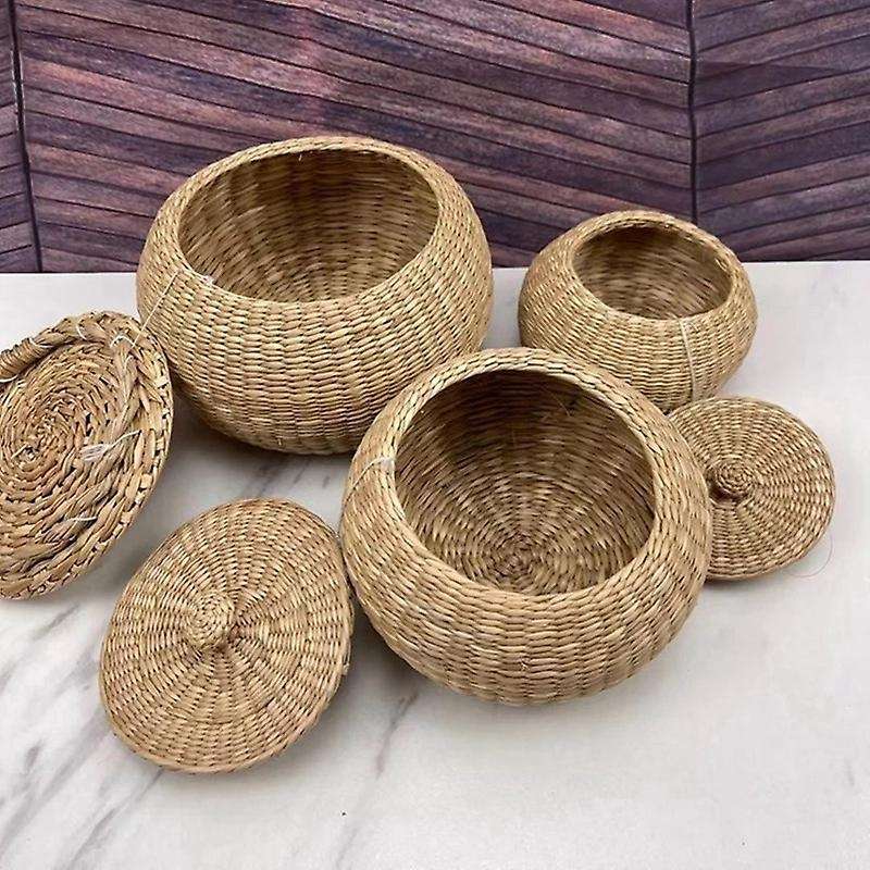 Mini Straw Hand Woven Storage Baskets with Lids Round Seagrass Box Desktop Storage Basket Desktop-Mu