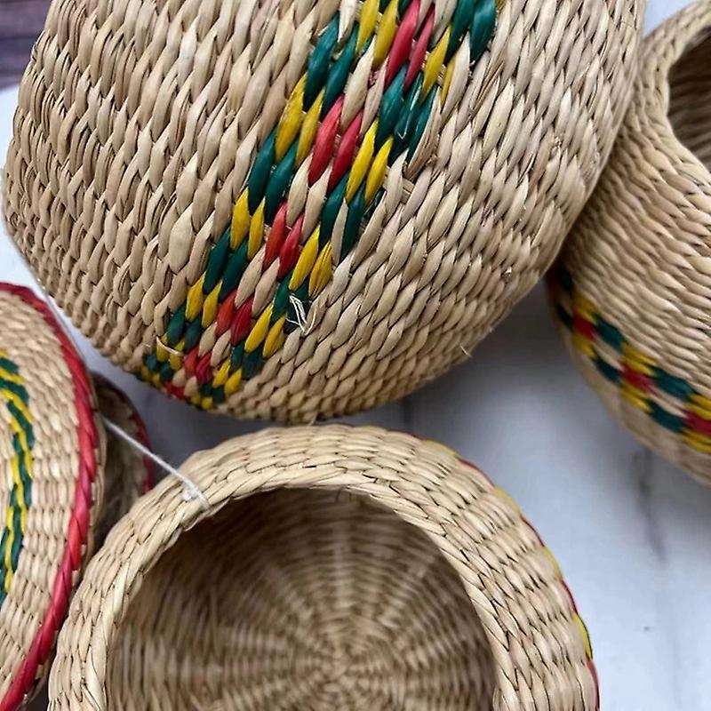 Mini Straw Hand Woven Storage Baskets with Lids Round Seagrass Box Desktop Storage Basket Desktop-Mu