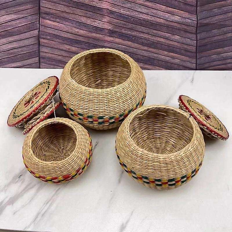 Mini Straw Hand Woven Storage Baskets with Lids Round Seagrass Box Desktop Storage Basket Desktop-Mu