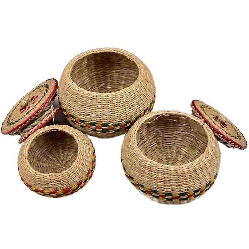 Mini Straw Hand Woven Storage Baskets with Lids Round Seagrass Box Desktop Storage Basket Desktop-Mu