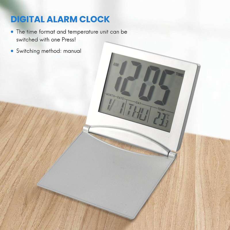 Mini Travel Alarm Clock, Digital Lcd Display Desk Foldable Clocks with Snooze Backlight Temperature