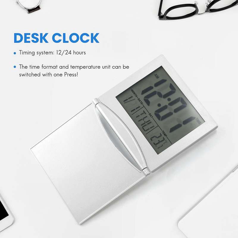Mini Travel Alarm Clock, Digital Lcd Display Desk Foldable Clocks with Snooze Backlight Temperature