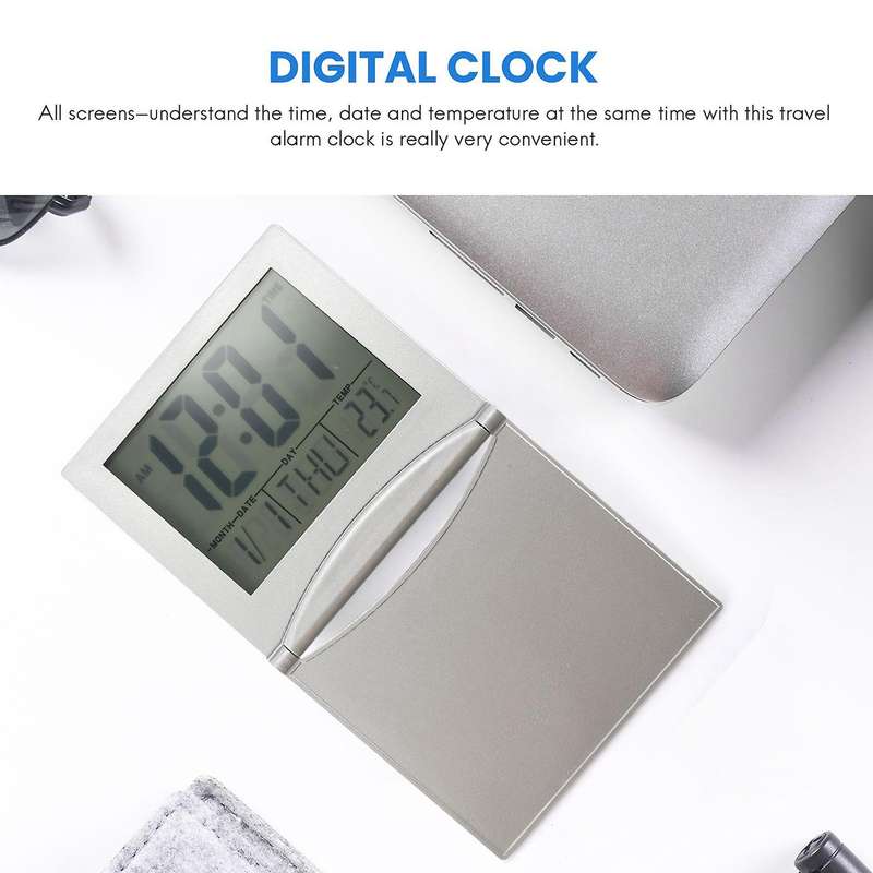 Mini Travel Alarm Clock, Digital Lcd Display Desk Foldable Clocks with Snooze Backlight Temperature