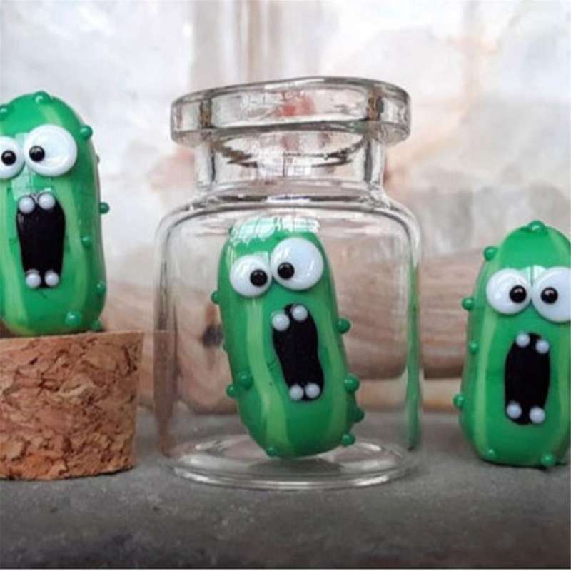 Miniature Glass Screame Pickle in A Bottle Cute Tiny Pickle Handmade Glass Pickle Kawaii Pickle
