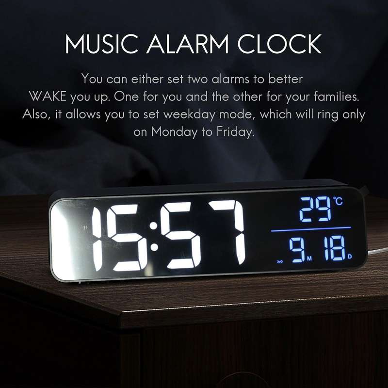 Mirror LED Music Digital Alarm Clock , Dual Alarm, Temperature, Snooze, USB Charging Port for Bedroo