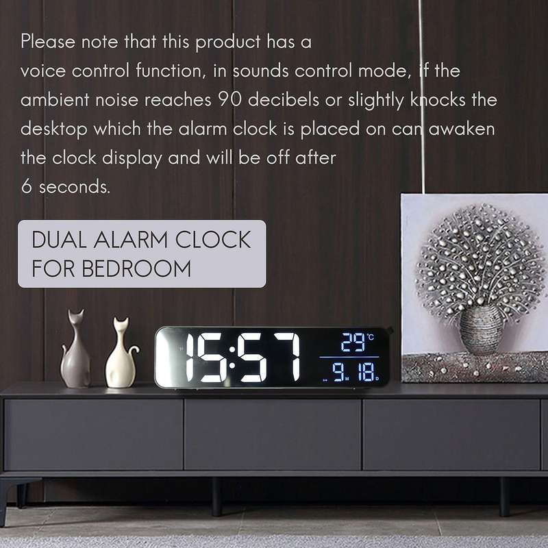 Mirror LED Music Digital Alarm Clock , Dual Alarm, Temperature, Snooze, USB Charging Port for Bedroo
