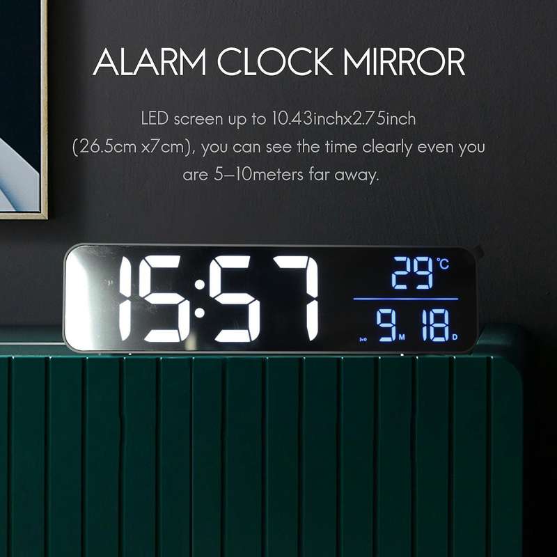 Mirror LED Music Digital Alarm Clock , Dual Alarm, Temperature, Snooze, USB Charging Port for Bedroo