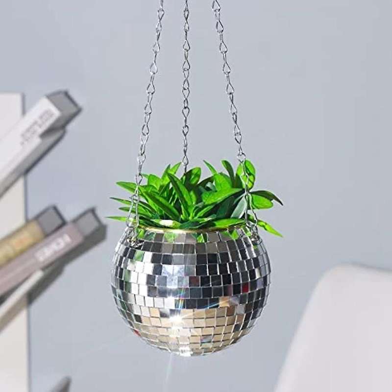 Mirror Reflector Garden Pots Planters Disco Ball Outdoor Flower Pots Rope Mirror Hanging Basket Wall