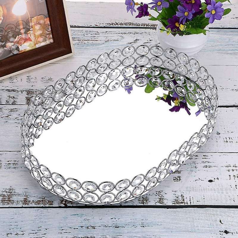 Mirrored Crystal Vanity Makeup Tray, Jewelry Trinket Storage Tray Cosmetic Perfume Display Tray (Sil