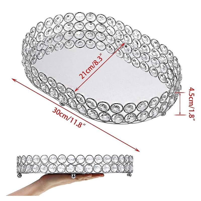 Mirrored Crystal Vanity Makeup Tray, Jewelry Trinket Storage Tray Cosmetic Perfume Display Tray (Sil