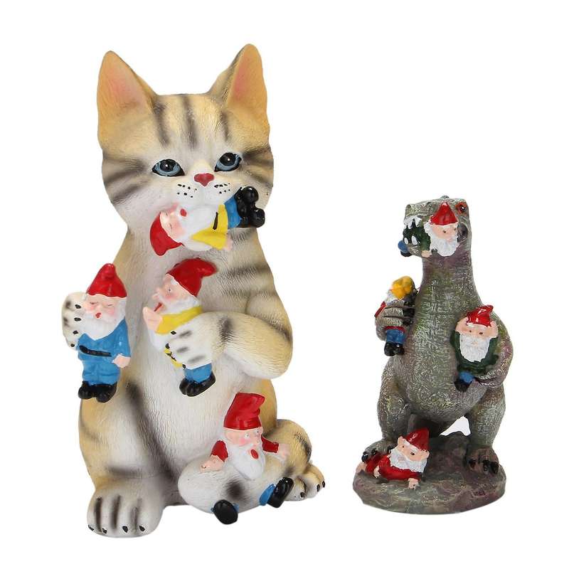 Mischievous Cat Dinosaur Garden Eating Gnome Statue Resin Figurine Best Art Decor for Indoor Outdoor