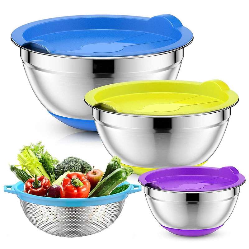 Mixing Bowls with Airtight Lids & Colander, 4Pcs Stainless Steel Nesting Bowls for Kitchen, Non-Slip