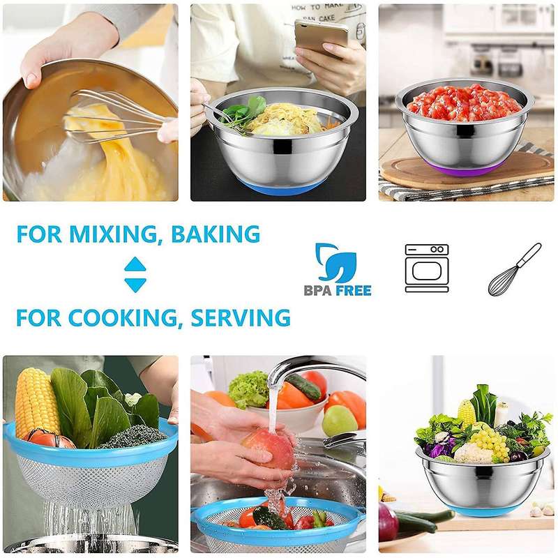 Mixing Bowls with Airtight Lids & Colander, 6Pcs Colorful Stainless Steel Metal Nesting Bowls for Ki