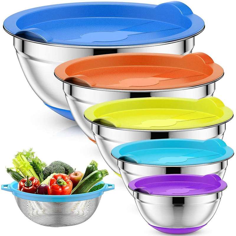 Mixing Bowls with Airtight Lids & Colander, 6Pcs Colorful Stainless Steel Metal Nesting Bowls for Ki