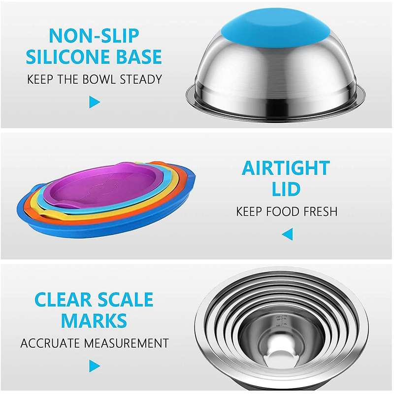Mixing Bowls with Airtight Lids & Colander, 6Pcs Colorful Stainless Steel Metal Nesting Bowls for Ki