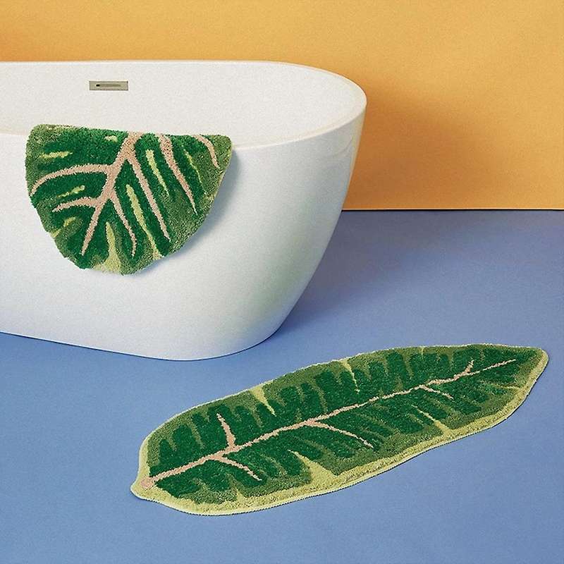 Modern Leaf Pattern Bathroom Toilet Waterproof Microfiber Bath Mat Leaf Green Tropical Plants Home