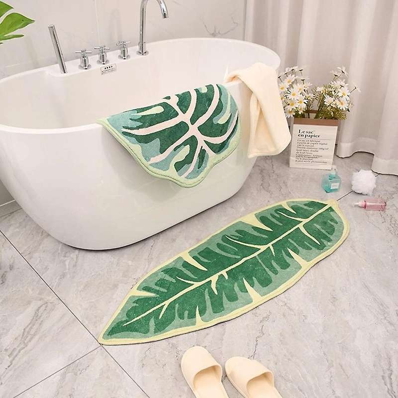 Modern Leaf Pattern Bathroom Toilet Waterproof Microfiber Bath Mat Leaf Green Tropical Plants Home
