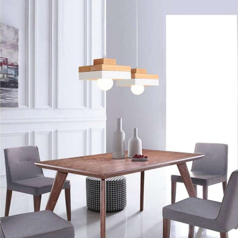 Modern Wooden Pendant Ceiling Light Nordic Round Square Suspension Hanging Light Fixture for Cafe Ba