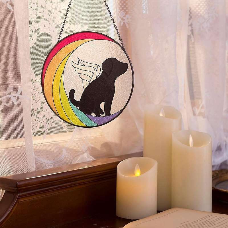 Moon Dog Painted Stained Glass Panels Suncatchers, Acrylic Window Wall Hanging Ornament for Bedroom