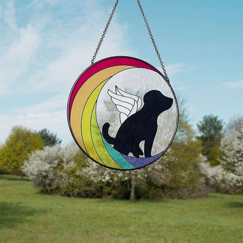 Moon Dog Painted Stained Glass Panels Suncatchers, Acrylic Window Wall Hanging Ornament for Bedroom