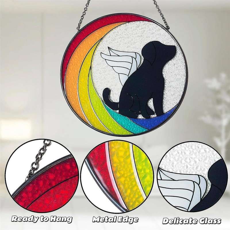 Moon Dog Painted Stained Glass Panels Suncatchers, Acrylic Window Wall Hanging Ornament for Bedroom