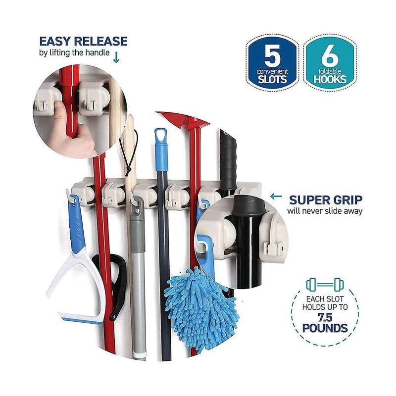 Mop and Broom Rack - Garage Storage System with 5 Slots, 6 Hooks - Gardening Tools for Homes, Kitch