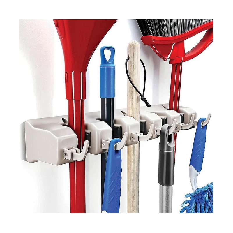 Mop and Broom Rack - Garage Storage System with 5 Slots, 6 Hooks - Gardening Tools for Homes, Kitch