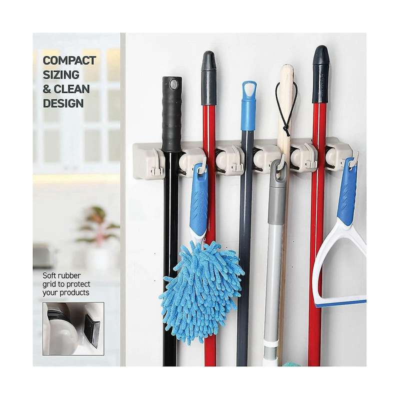Mop and Broom Rack - Garage Storage System with 5 Slots, 6 Hooks - Gardening Tools for Homes, Kitch