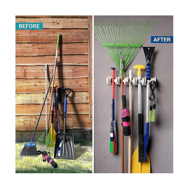 Mop and Broom Rack - Garage Storage System with 5 Slots, 6 Hooks - Gardening Tools for Homes, Kitch