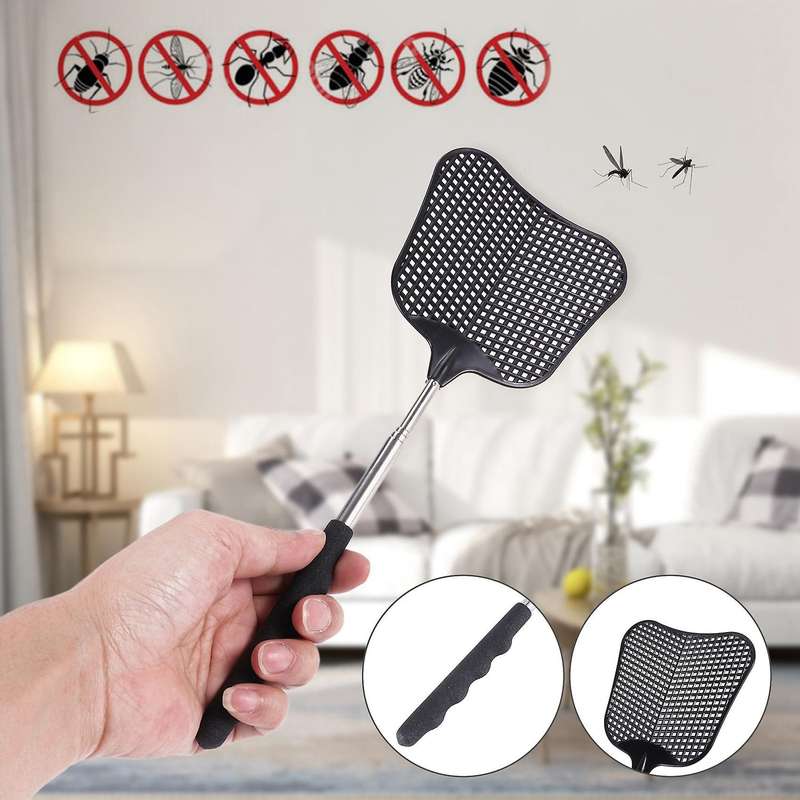 Mosquito and Fly Killing Plastic Fly Swatter Retractable Stainless Steel Rod, Suitable for Indoor a