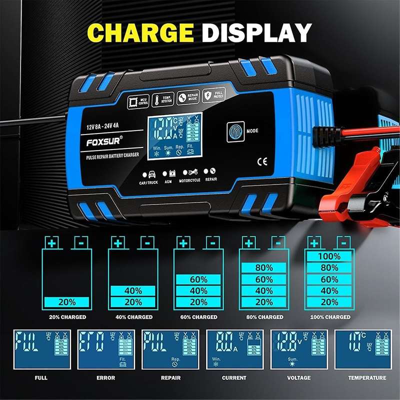 Motorcycle Car Battery Charger 12V 8A 24V 4A Automatic Pulse Repair LCD Smart Car Battery Repair Cha